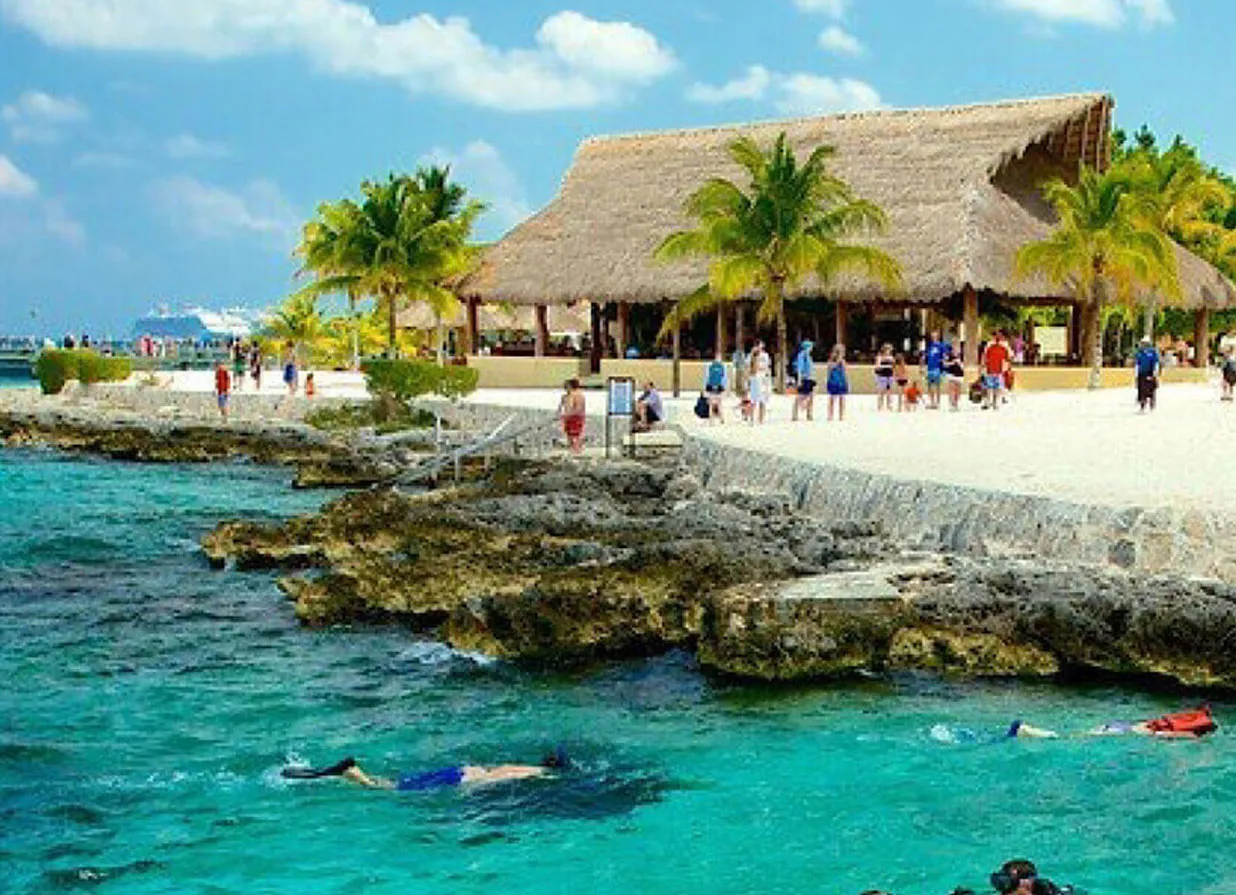 Aerial view of Mahahual lighthouse and coast. One of the destinations available for Cancun Airport Transportation