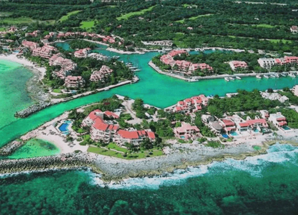 Aerial view of Puerto Aventuras. One of the destinations available for Cancun Airport Transportation