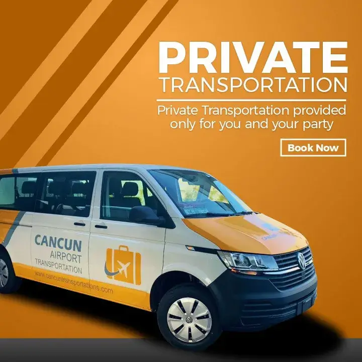 Banner including a van labeled with Cancun Airport Transportation corporate image, an orange suitcase with a plane on the inside, some text saying Private Transportation. Provided only for you and your party and a drawn button with the legend Book now.